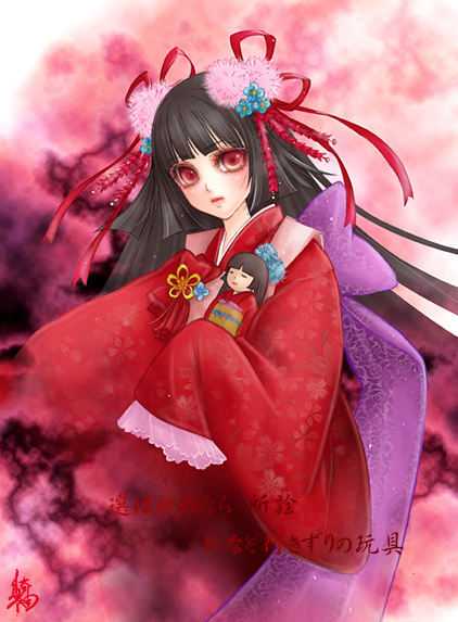 ojou (mei guanxi), original, blush, brown hair, doll, japanese clothes, kimono, kunogotoshi, long hair, red eyes, ribbon