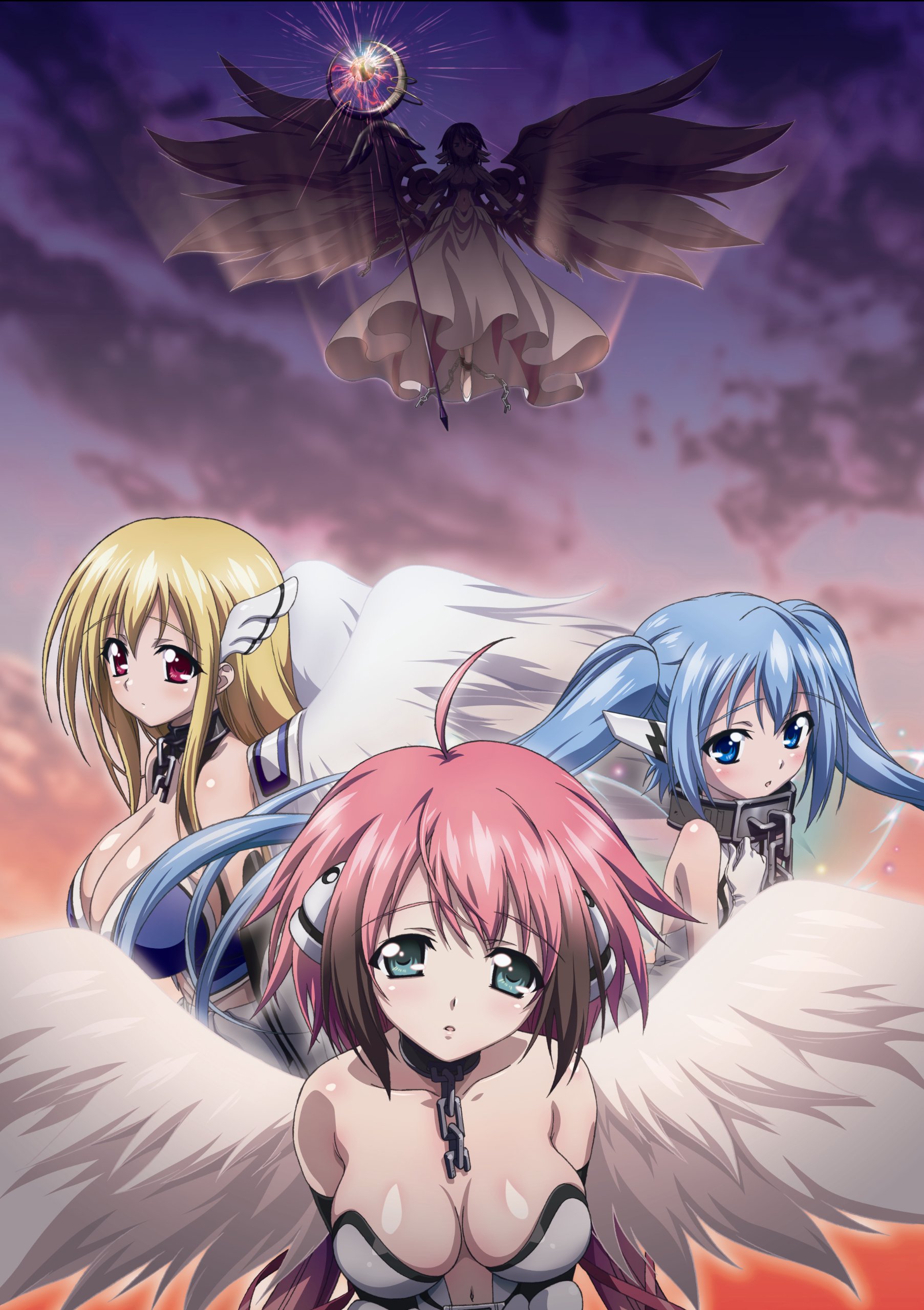 watanabe yoshihiro, astraea (sora no otoshimono), ikaros, kazane hiyori, nymph (sora no otoshimono), sora no otoshimono, absurdres, highres, official art, 4girls, ahoge, angel, angel wings, anime coloring, bare shoulders, black hair, blonde hair, blue eyes, blue hair, blush, breasts, broken, broken chain, chain, cleavage, cloud, collar, collarbone, dress, evening, feathered wings, full body, green eyes, head wings, holding, holding staff, huge breasts, large breasts, leotard, long hair, looking at viewer, metal collar, multiple girls, navel, open mouth, parted lips, pink hair, pink wings, red eyes, robot ears, short hair, silhouette, sky, small breasts, staff, tareme, twintails, upper body, very long hair, white leotard, white wings, wings