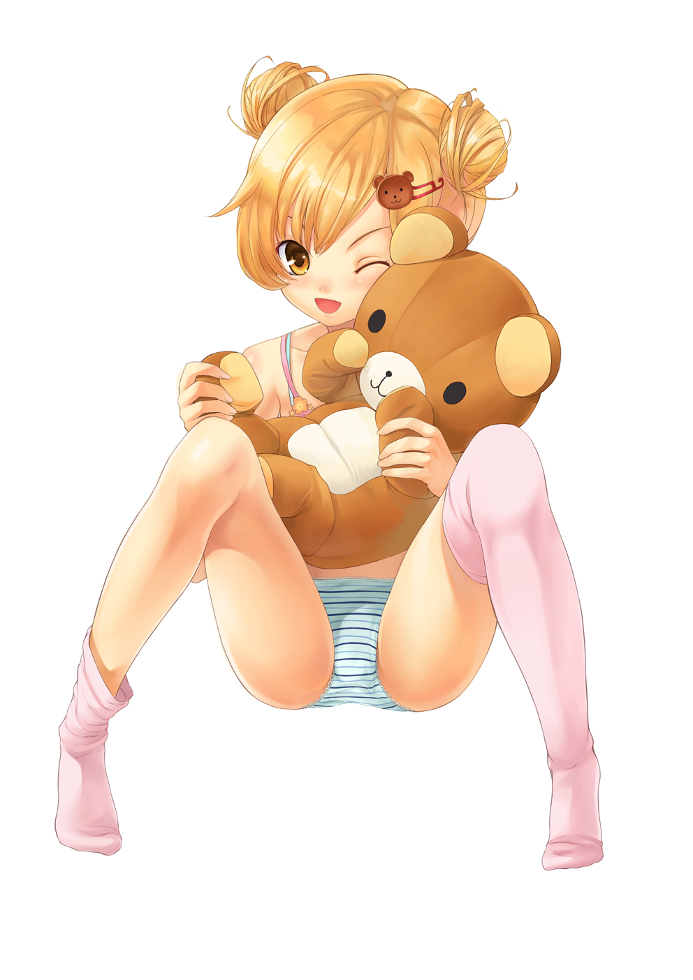 akamaru, original, bad id, bad pixiv id, highres, 1girl, asymmetrical clothes, blonde hair, blue panties, double bun, feet, female focus, hair bun, hair ornament, hairclip, lace, lace-trimmed panties, lace trim, one eye closed, panties, single thighhigh, sitting, socks, solo, striped clothes, striped panties, stuffed animal, stuffed toy, teddy bear, thighhighs, underwear, wink, yellow eyes
