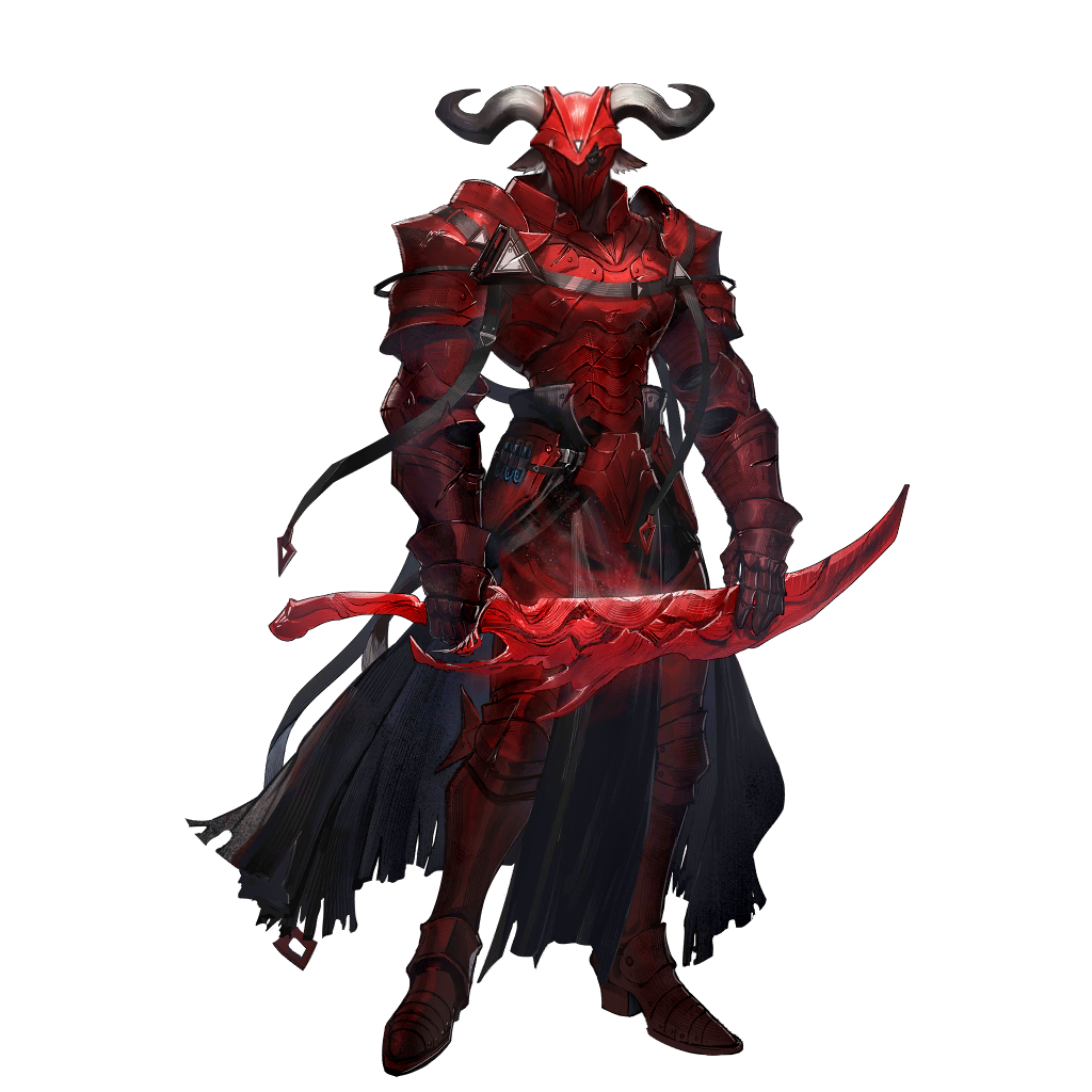 ryuuzaki ichi, arknights, official art, third-party source, 1boy, animal ears, armor, broken armor, covered face, cow boy, cow ears, cow horns, falchion (weapon), full armor, full body, helmet, holding, holding weapon, horns, looking at viewer, mask over one eye, pelvic curtain, red armor, solo, standing, transparent background, vambraces, waist cape, weapon, white hair