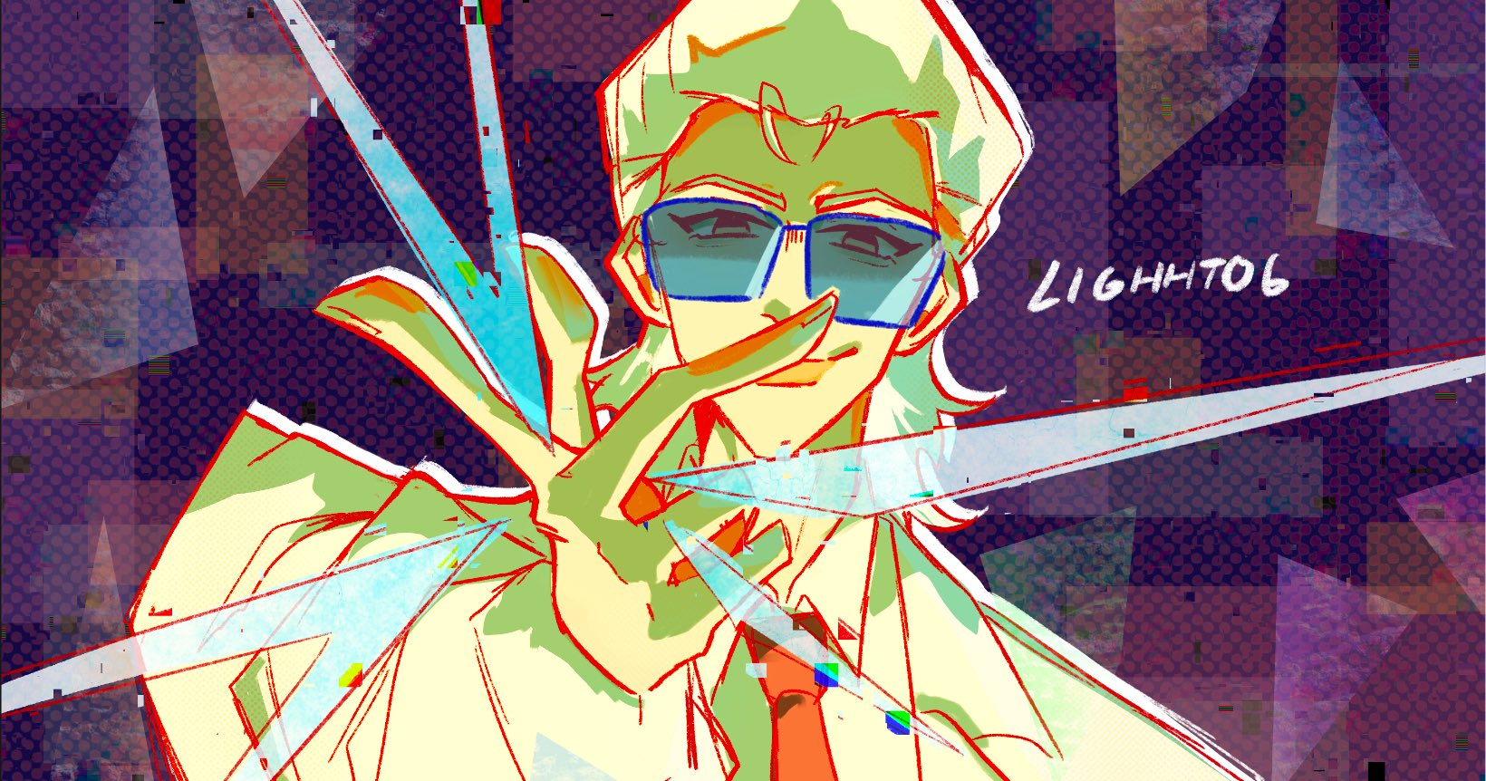 x (to be hero x), to be hero, to be hero x, highres, 1boy, blue-tinted eyewear, coat, collared shirt, distortion, glitch, hair slicked back, lighht06, looking at viewer, male focus, mullet, necktie, outline, red necktie, shirt, smirk, snapping fingers, solo, tinted eyewear, upper body, white coat, white hair, white outline, white shirt