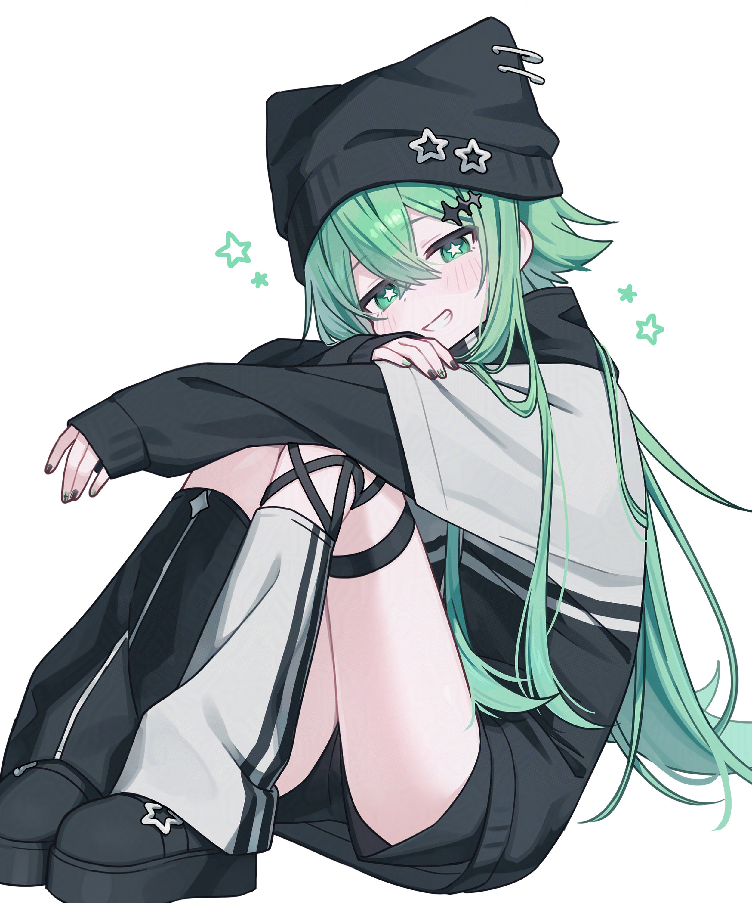 namin (anjpzaobmhbppxs), original, absurdres, commentary, highres, symbol-only commentary, 1girl, animal hat, black hat, black jacket, black shoes, black shorts, cat hat, full body, green eyes, green hair, grin, hair flaps, hat, hat ornament, hugging own legs, jacket, long hair, looking at viewer, multicolored jacket, nanase (namin), shoes, shorts, sidelocks, simple background, smile, solo, sparkle hair ornament, star-shaped pupils, star (symbol), star hat ornament, symbol-shaped pupils, two-tone jacket, very long hair, white background, white jacket