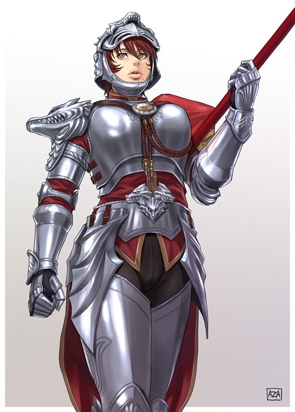 azasuke, hildegard von krone, soul calibur, soulcalibur, soulcalibur iv, 1girl, armor, brown eyes, brown hair, female focus, gauntlets, helmet, knight, mole, solo, wolf head