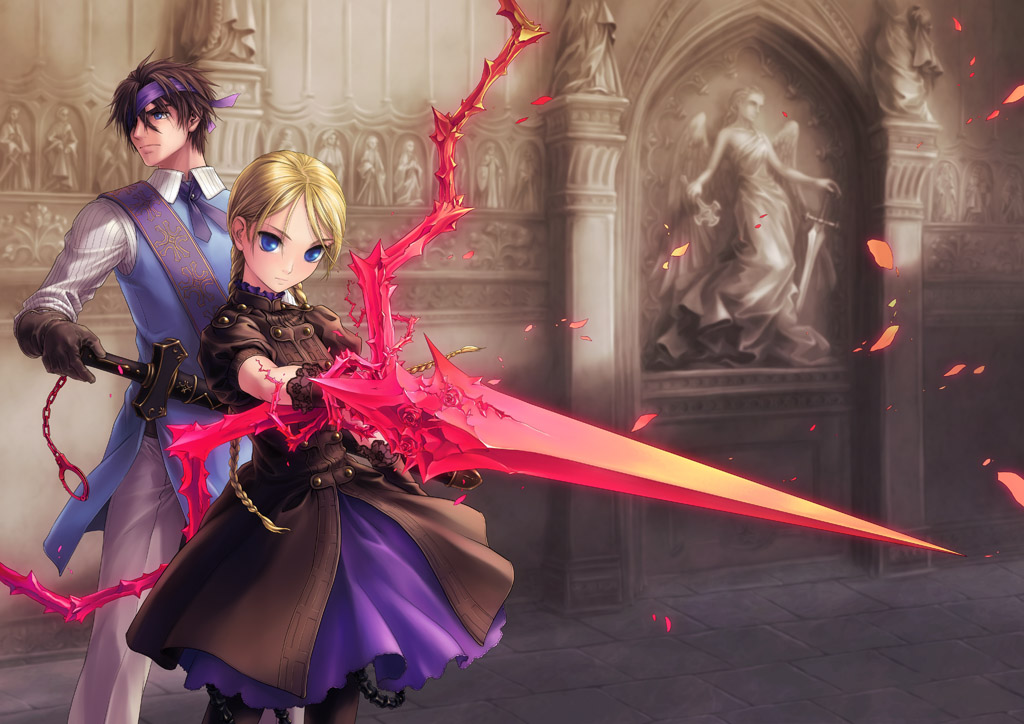 takekawa shin, original, blonde hair, blue eyes, braid, fantasy, long hair, petals, scabbard, sheath, sword, twin braids, twintails, weapon