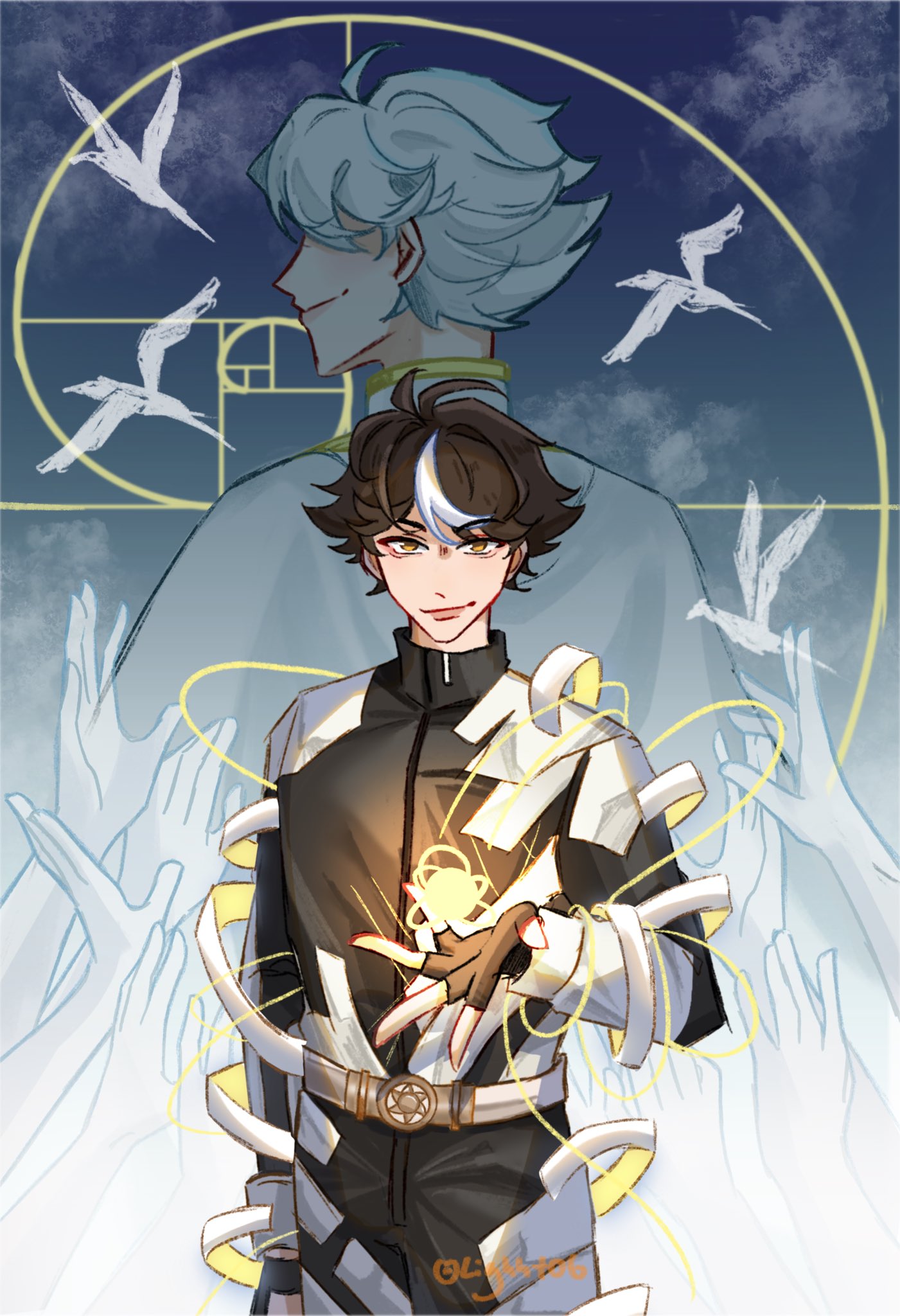 lin ling (to be hero x), nice (to be hero x), to be hero, to be hero x, highres, 2boys, ahoge, belt, bird, black gloves, brown eyes, brown hair, cape, cowboy shot, dove, fingerless gloves, gloves, golden spiral, lighht06, looking back, male focus, multiple boys, no eyes, object floating above hand, out of frame, people, reaching, reaching towards another, serious, short hair, single hair streak, smirk, spread fingers, too many hands, two-tone bodysuit, white cape, white hair
