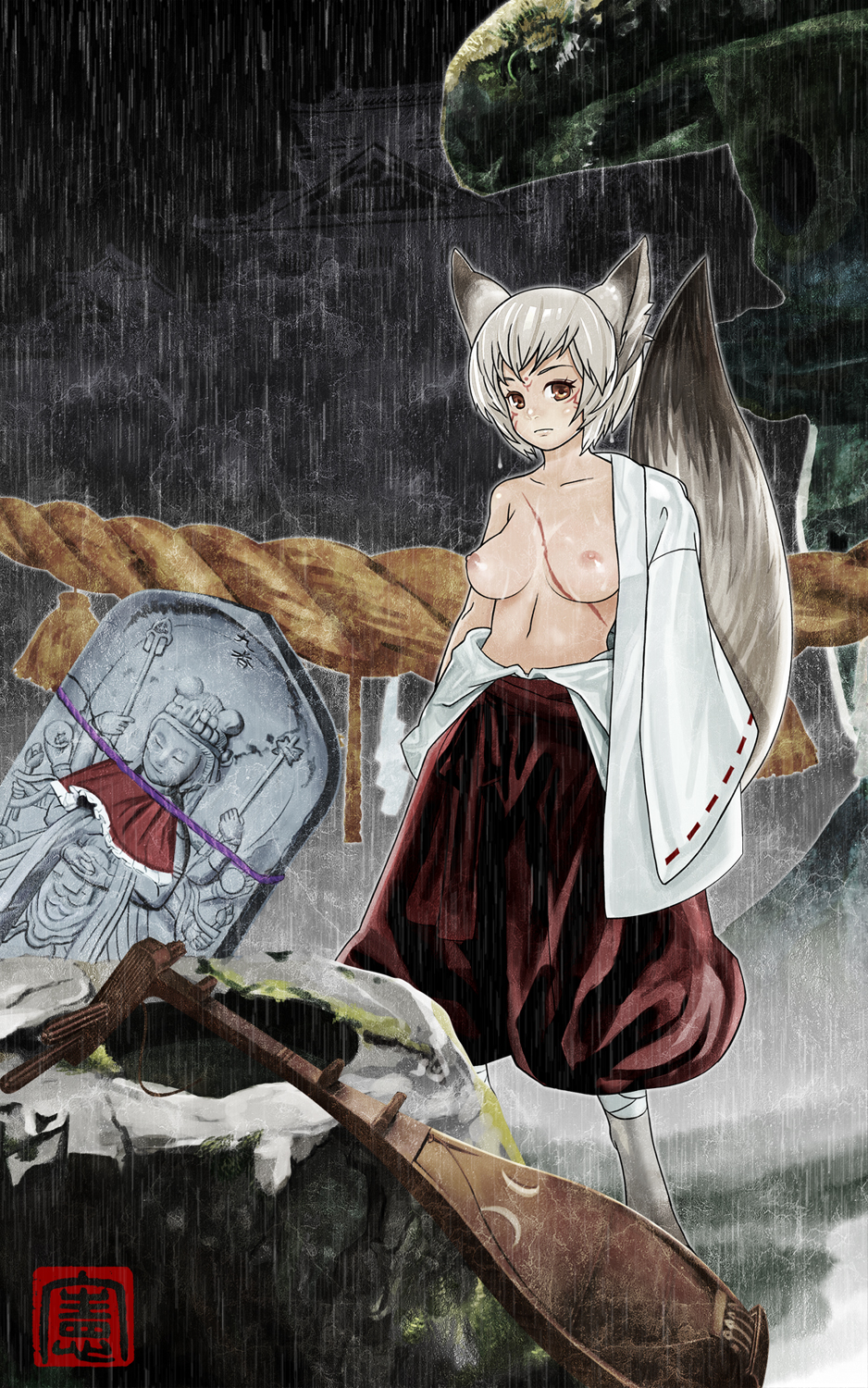 kikukawa norihiko, original, silver hair, bad id, bad pixiv id, highres, 1girl, animal ears, biwa lute, breasts, brown eyes, female focus, fox ears, instrument, japanese clothes, lute (instrument), medium breasts, open clothes, open shirt, rain, scar, shirt, short hair, solo, tail