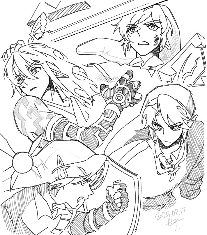 seza game, link, navi, nintendo, the legend of zelda, the legend of zelda: ocarina of time, the legend of zelda: skyward sword, the legend of zelda: tears of the kingdom, the legend of zelda: twilight princess, commentary, 4boys, collared shirt, dated, dirty, dirty face, fairy, fingerless gloves, furrowed brow, gloves, greyscale, hair between eyes, holding, holding shield, holding sword, holding weapon, hylian shield, male focus, master sword, monochrome, multiple boys, open mouth, phrygian cap, pointy ears, shield, shirt, sidelocks, signature, sketch, sword, tunic, upper body, weapon, white background