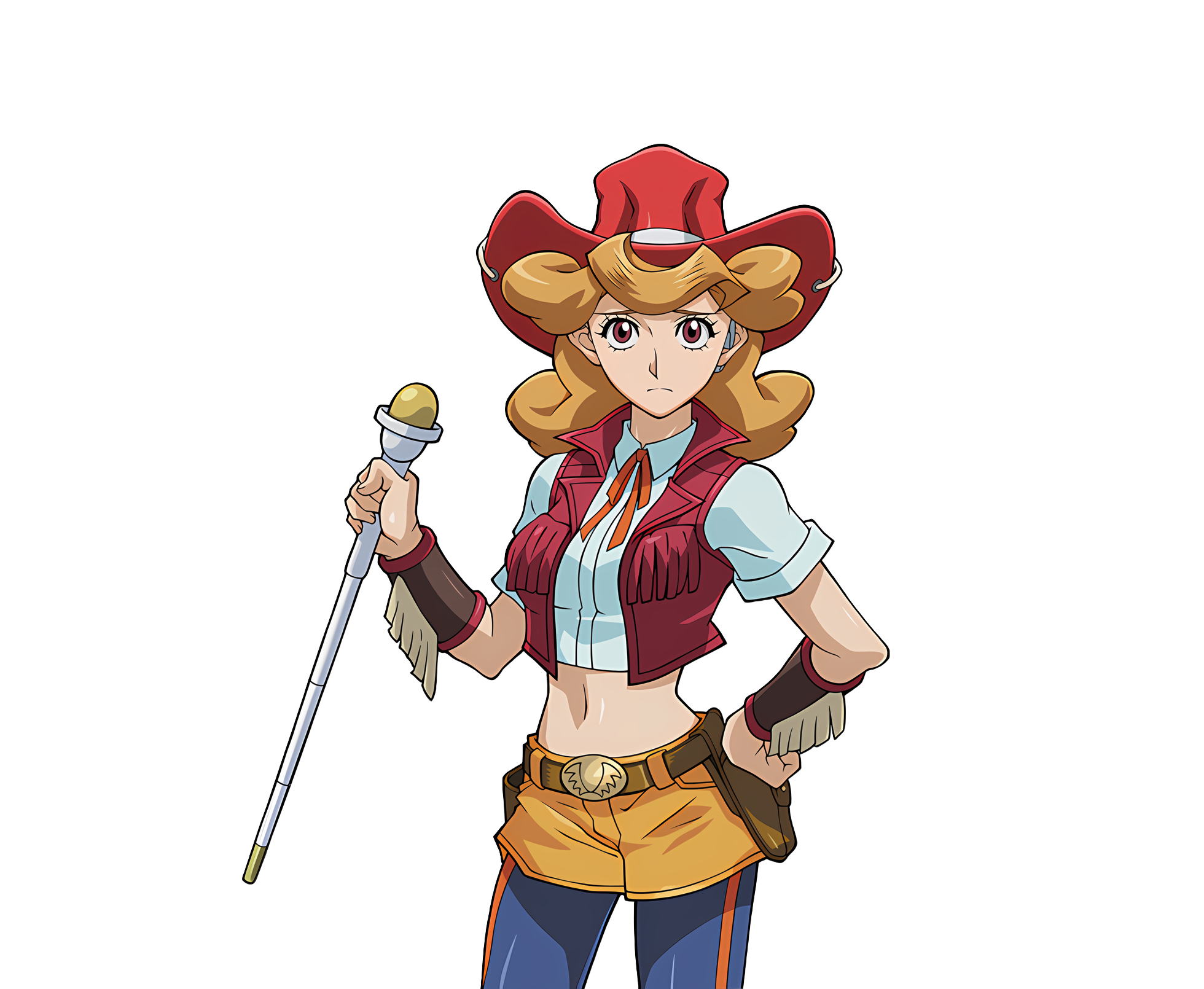 melissa claire, konami, yu-gi-oh!, yu-gi-oh! arc-v, yu-gi-oh! duel links, absurdres, highres, official art, 10s, 1girl, belt, breasts, brown hair, cowboy hat, curvy, female focus, hand on own hip, hat, holding, holding microphone, large breasts, long hair, looking at viewer, microphone, midriff, navel, red eyes, shiny skin, shirt, transparent background, vest, wide hips