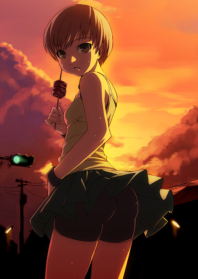 tasaka shinnosuke, satonaka chie, atlus, persona, persona 4, 1girl, ass, bike shorts, bike shorts under skirt, brown eyes, brown hair, clothes lift, cloud, female focus, food, from behind, lamppost, leaning forward, looking at viewer, looking back, meat, pantylines, parted lips, power lines, shish kebab, short hair, shorts, shorts under skirt, skirt, skirt lift, sky, solo, sunset, sweat, traffic light, twilight, utility pole, wind, wind lift, wristband