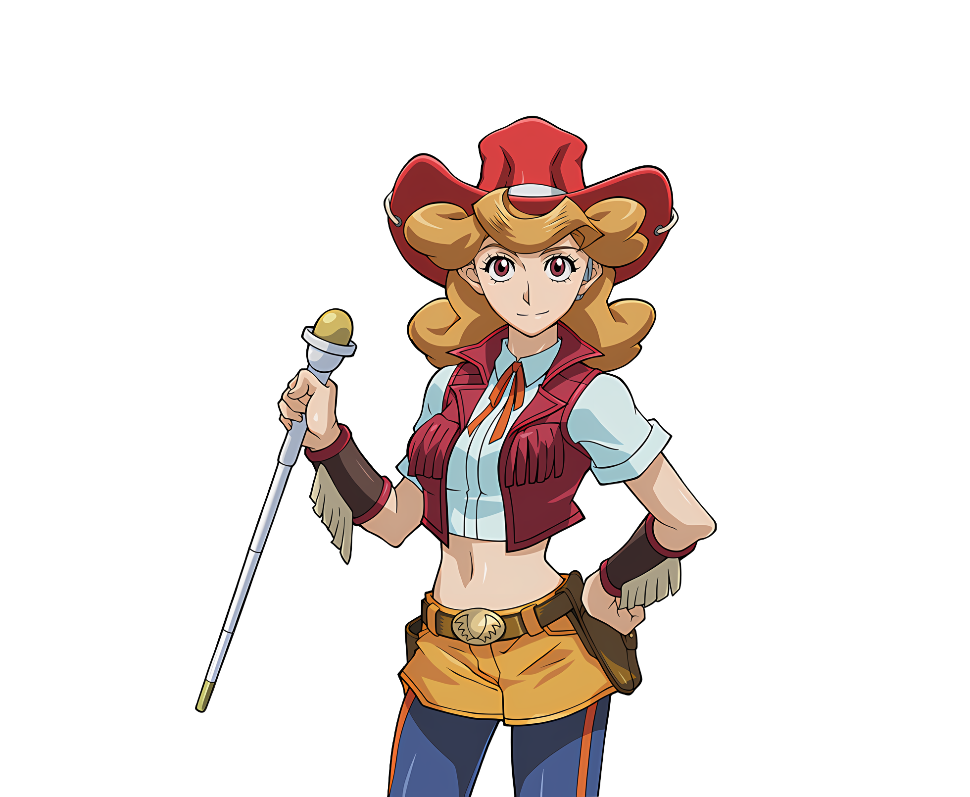 melissa claire, konami, yu-gi-oh!, yu-gi-oh! arc-v, yu-gi-oh! duel links, highres, official art, 10s, 1girl, belt, breasts, brown hair, cowboy hat, curvy, female focus, hand on own hip, hat, holding, holding microphone, large breasts, long hair, looking at viewer, microphone, midriff, navel, red eyes, shiny skin, shirt, smile, transparent background, vest, wide hips
