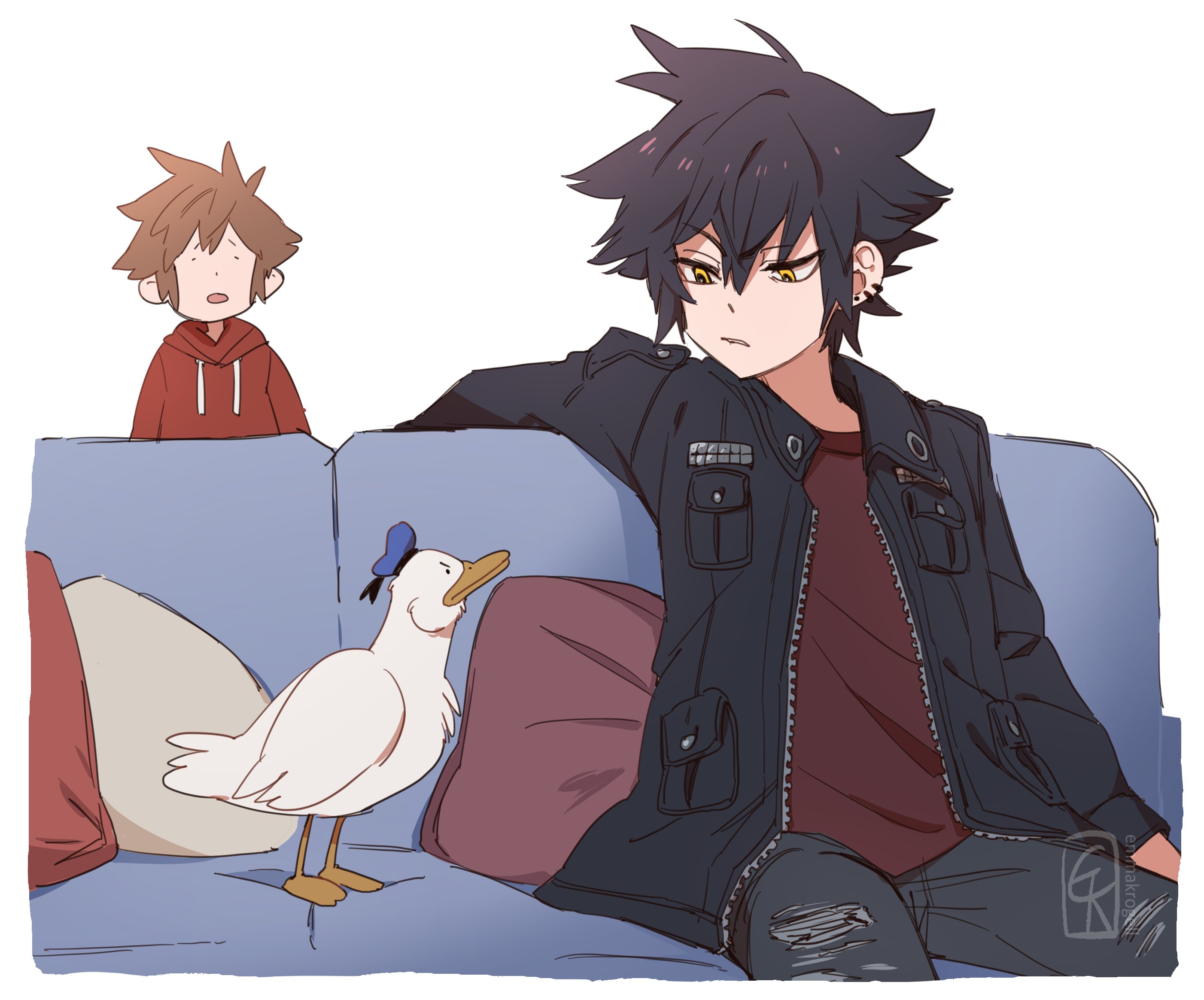 kaburion, donald duck, sora (kingdom hearts), vanitas (kingdom hearts), kingdom hearts, kingdom hearts birth by sleep, highres, 2boys, animalization, bird, black hair, black jacket, blue hat, brown hair, couch, duck, earrings, furrowed brow, grey pants, hair between eyes, hat, hood, hood down, hoodie, jacket, jewelry, leather, leather jacket, looking at another, male focus, multiple boys, multiple earrings, pants, parted lips, red hoodie, short hair, signature, spiked hair, torn clothes, torn pants, white background, yellow eyes