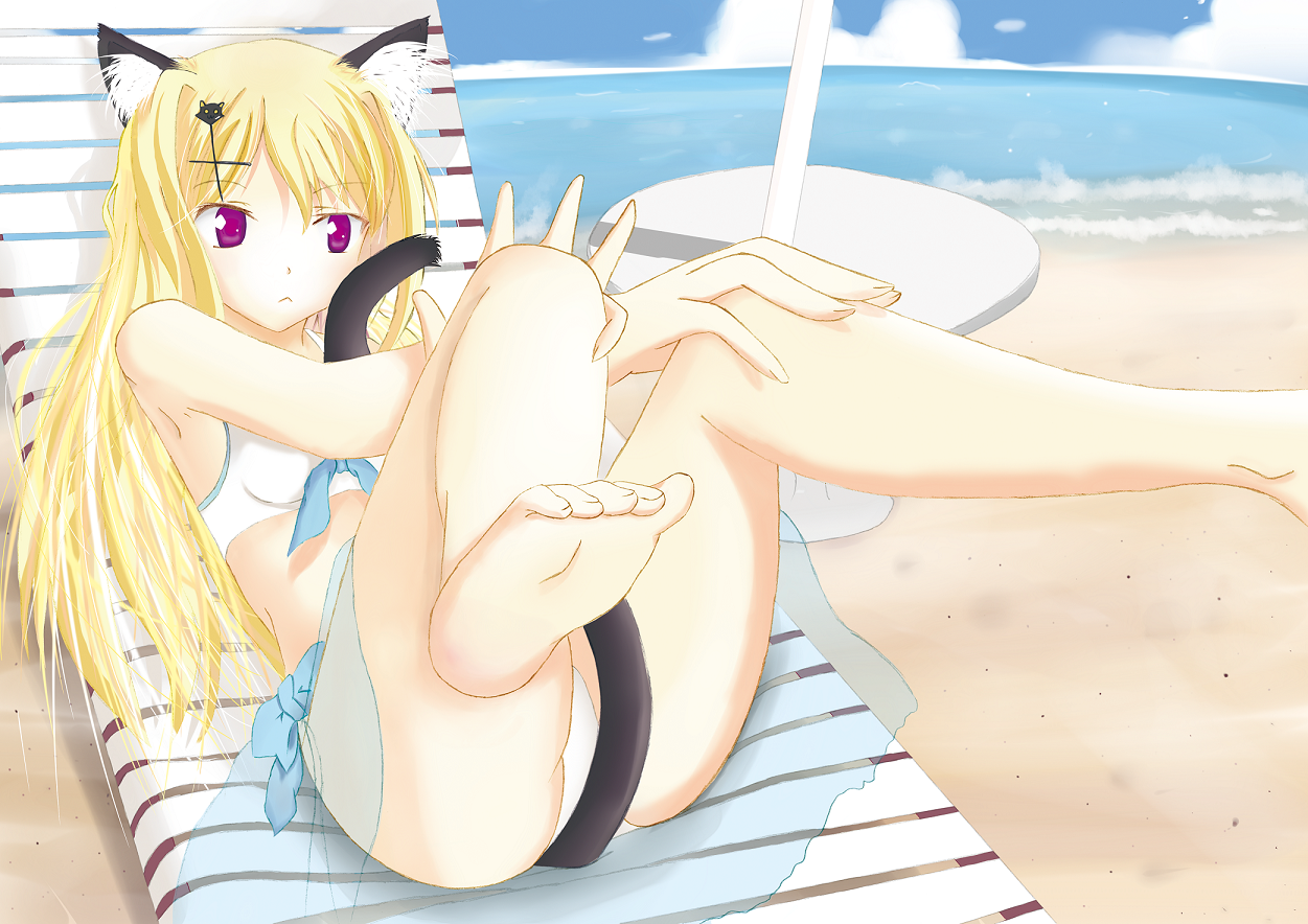 kotora, mizuki kotora, lulli, sakura strasse, bad id, bad pixiv id, 1girl, :<, animal ears, beach, bikini, blonde hair, cat ears, cat tail, day, feet, female focus, long hair, ocean, ribbon, solo, swimsuit, tail, white bikini