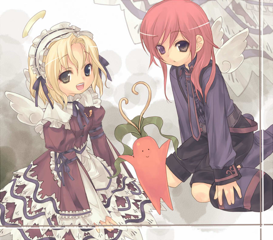 eco, wanko (pixiv), wanko (takohati8), emil chronicle online, 2girls, blonde hair, goth fashion, long hair, multiple girls, red hair, ribbon, short hair, wings