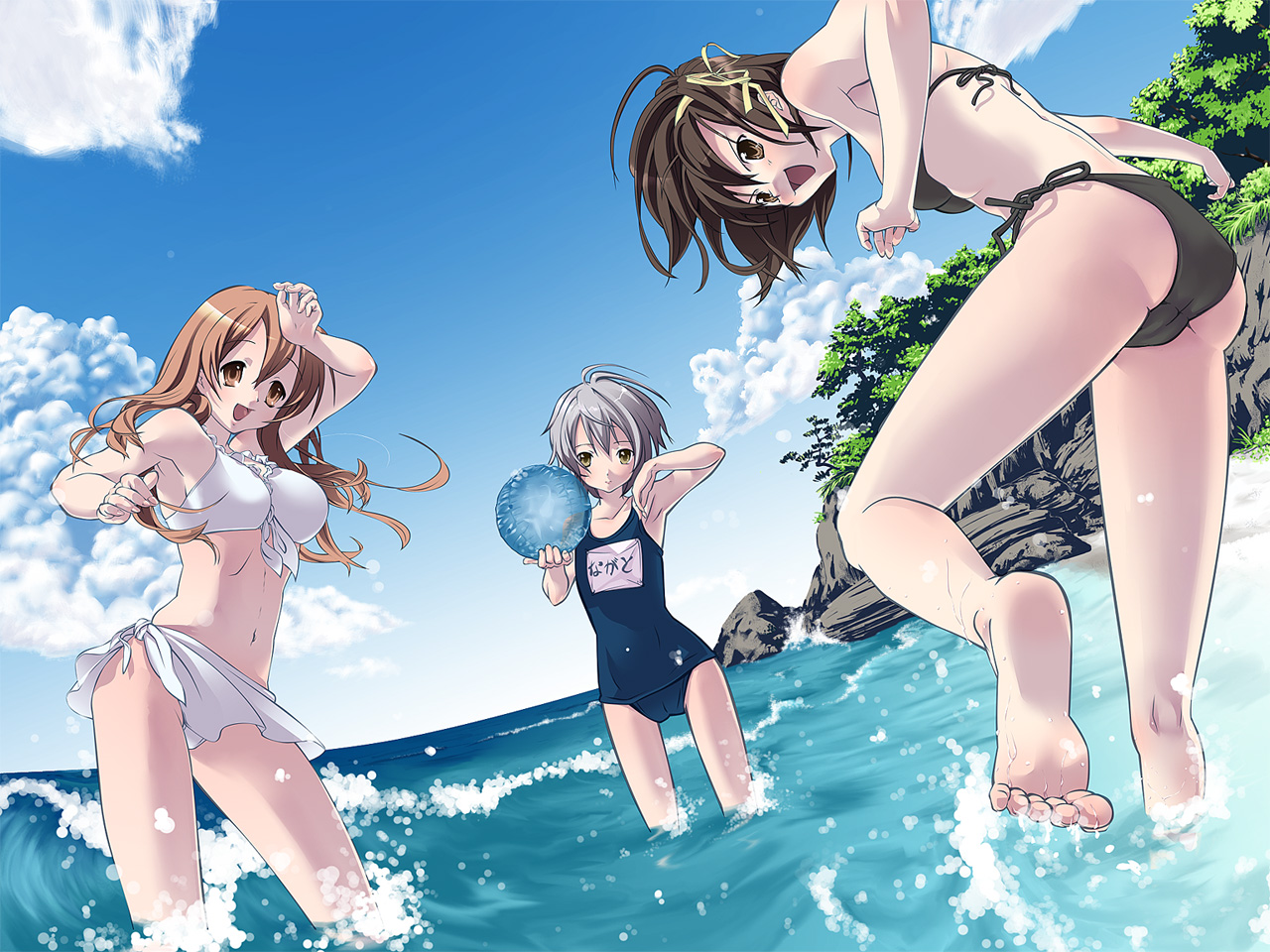 tomiwo, asahina mikuru, nagato yuki, suzumiya haruhi, suzumiya haruhi no yuuutsu, silver hair, 00s, 3girls, armpits, ass, ball, barefoot, beach, beachball, bikini, black bikini, brown hair, cloud, competition swimsuit, day, feet, front-tie top, happy, long hair, multiple girls, ocean, one-piece swimsuit, outdoors, ribbon, school swimsuit, short hair, side-tie bikini bottom, sky, smile, standing, standing on one leg, swimsuit, wading, water, wet, white bikini