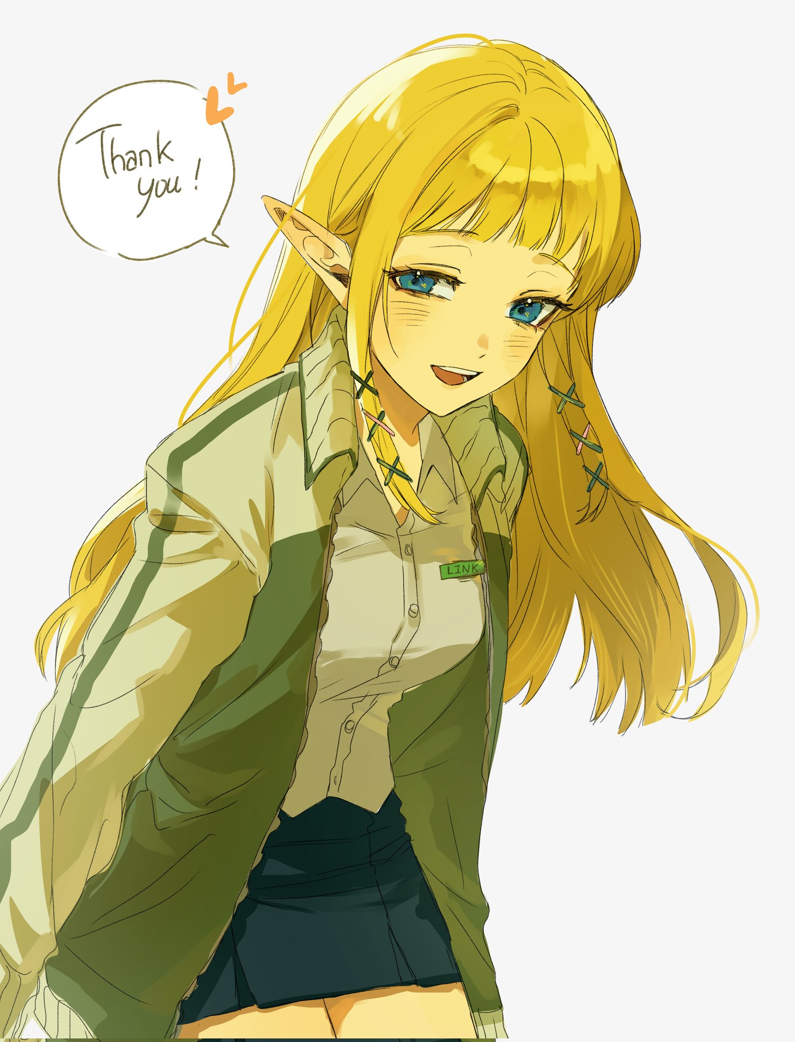 didi en ilu, link, princess zelda, nintendo, the legend of zelda, the legend of zelda: skyward sword, commentary request, highres, korean commentary, 1girl, blonde hair, blue eyes, blunt bangs, blush, breasts, character name, collared shirt, contemporary, cowboy shot, english text, hair ornament, jacket, long hair, medium breasts, open mouth, pleated skirt, pointy ears, shirt, sidelocks, skirt, smile, solo, speech bubble, thank you, white background, white shirt, x hair ornament