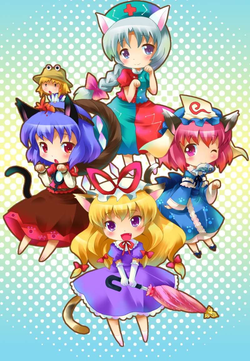 michii yuuki, moriya suwako, saigyouji yuyuko, yagokoro eirin, yakumo yukari, yasaka kanako, touhou, silver hair, bad id, bad pixiv id, 5girls, animal ears, blonde hair, cat ears, cat girl, cat tail, chibi, female focus, fish, hat, kemonomimi mode, long hair, multiple girls, one eye closed, pink hair, purple hair, ribbon, rope, short hair, tail, umbrella, wink