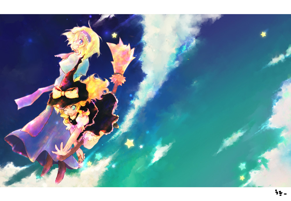 ukihashi, ukihashi kei, alice margatroid, kirisame marisa, touhou, bad id, bad pixiv id, 2girls, blonde hair, blue eyes, broom, broom riding, cloud, day, female focus, flying, hairband, hat, long hair, multiple girls, ribbon, short hair, sky, star (symbol), witch, witch hat