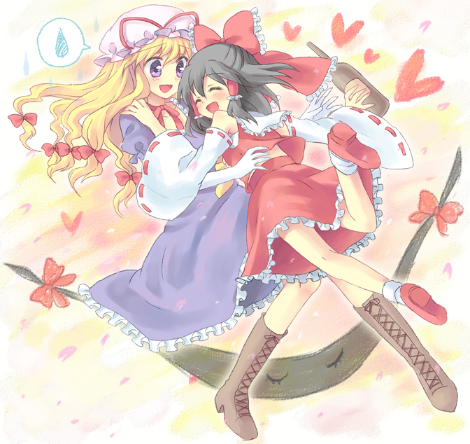 kuguri oimo, hakurei reimu, yakumo yukari, touhou, 2girls, black hair, blonde hair, blush, closed eyes, female focus, gap (touhou), hair ribbon, happy, hat, heart, japanese clothes, miko, multiple girls, purple eyes, ribbon, sweatdrop