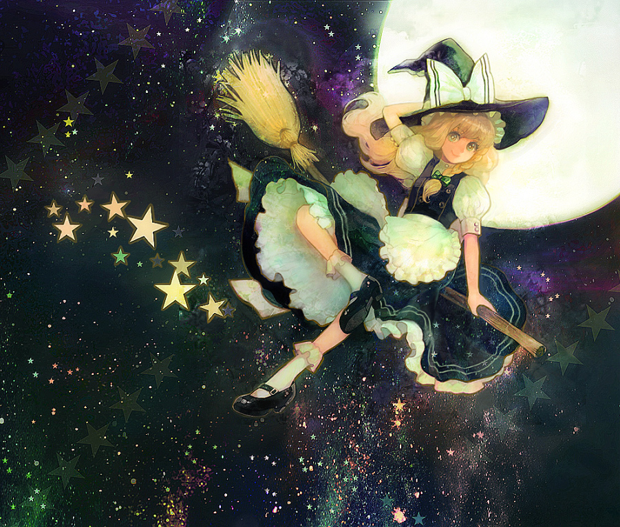 hiroko (artist), hiroko (keshika), kirisame marisa, nakako, touhou, 1girl, blonde hair, broom, broom riding, female focus, flying, full moon, hat, long hair, mary janes, moon, ribbon, shoes, sidesaddle, solo, star (symbol), witch, witch hat