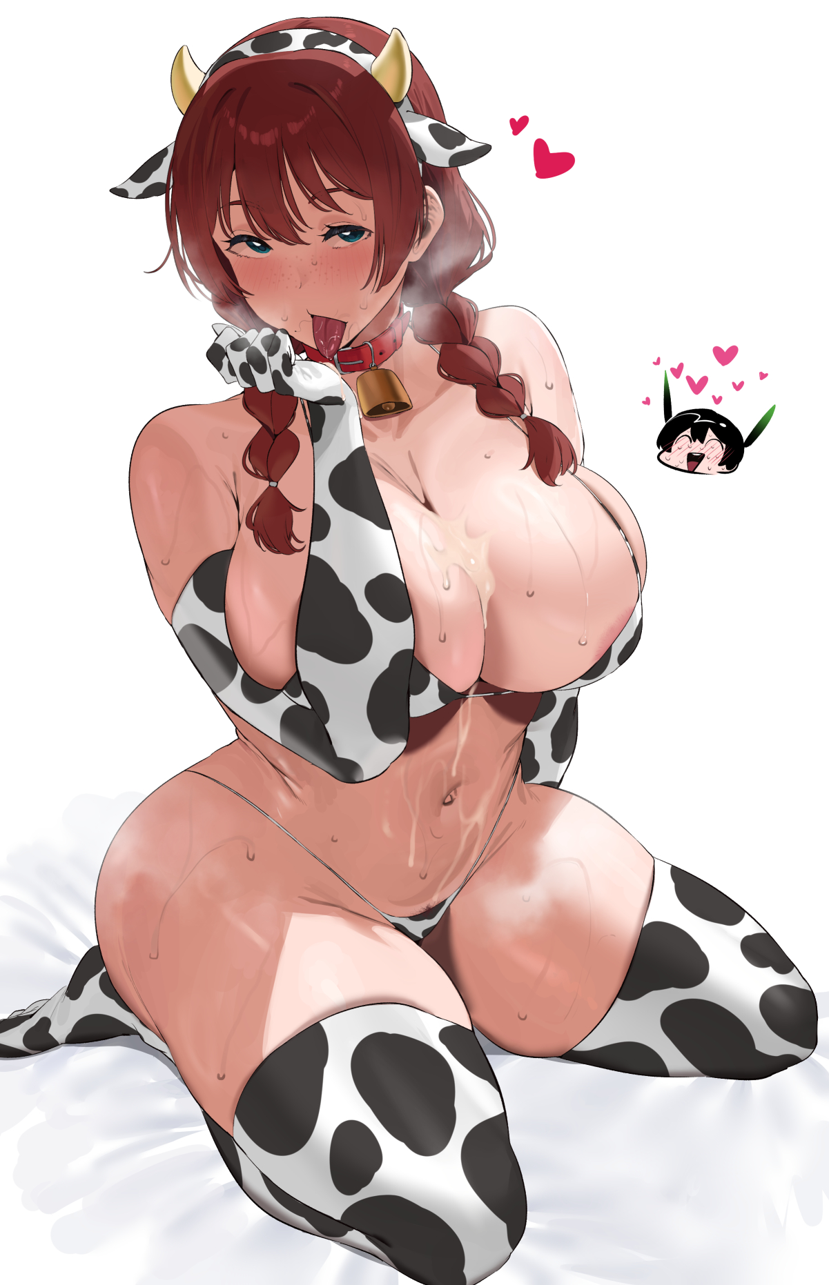 okpriko, emma verde, takasaki yu, love live!, love live! nijigasaki high school idol club, commentary, english commentary, highres, 2girls, after paizuri, animal collar, animal ear hairband, animal ears, animal print, ass, bed sheet, bell, bikini, braid, brown hair, collar, cow ears, cow horns, cow print, cow print bikini, cow print gloves, cow print thighhighs, cowbell, cum, fake animal ears, fake horns, female pubic hair, freckles, gloves, hairband, horns, huge ass, implied futanari, licking, licking cum, multiple girls, navel, print bikini, print gloves, print thighhighs, pubic hair, pubic hair peek, sitting, sweat, swimsuit, thick thighs, thighhighs, thighs, tongue, tongue out, twin braids, wariza, white background