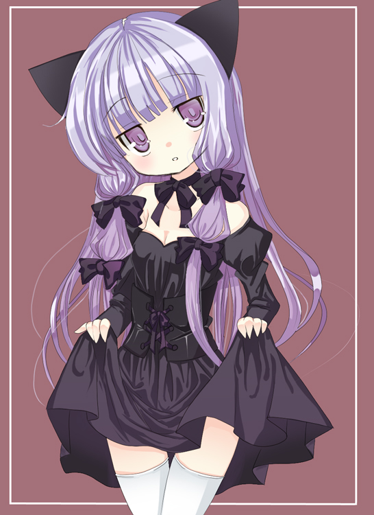 omiso, omiso (omiso), patchouli knowledge, touhou, bad id, bad pixiv id, 1girl, alternate costume, animal ears, cat ears, cat girl, choker, clothes lift, dress, dress lift, female focus, head tilt, jitome, long hair, no headwear, purple hair, ribbon, ribbon choker, simple background, skirt hold, socks, solo, thighhighs