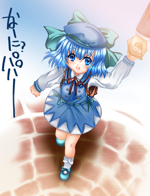 sakayaki (burning soul), cirno, touhou, 1girl, backpack, bag, blue hair, female focus, hat, randoseru, ribbon, short hair, solo