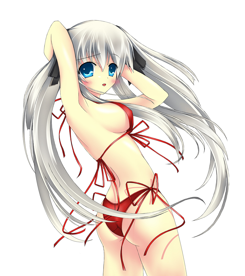 umitsubame, nao (mabinogi), mabinogi, silver hair, 1girl, armpits, ass, bikini, blue eyes, blush, breasts, female focus, front-tie top, long hair, red bikini, ribbon, side-tie bikini bottom, sideboob, solo, swimsuit, twintails, very long hair
