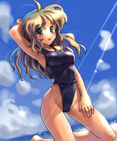 katahira masashi, original, 1girl, armpits, beach, brown hair, cloud, day, female focus, green eyes, highleg, highleg one-piece swimsuit, kneeling, long hair, nail polish, ocean, one-piece swimsuit, outdoors, sky, solo, swimsuit