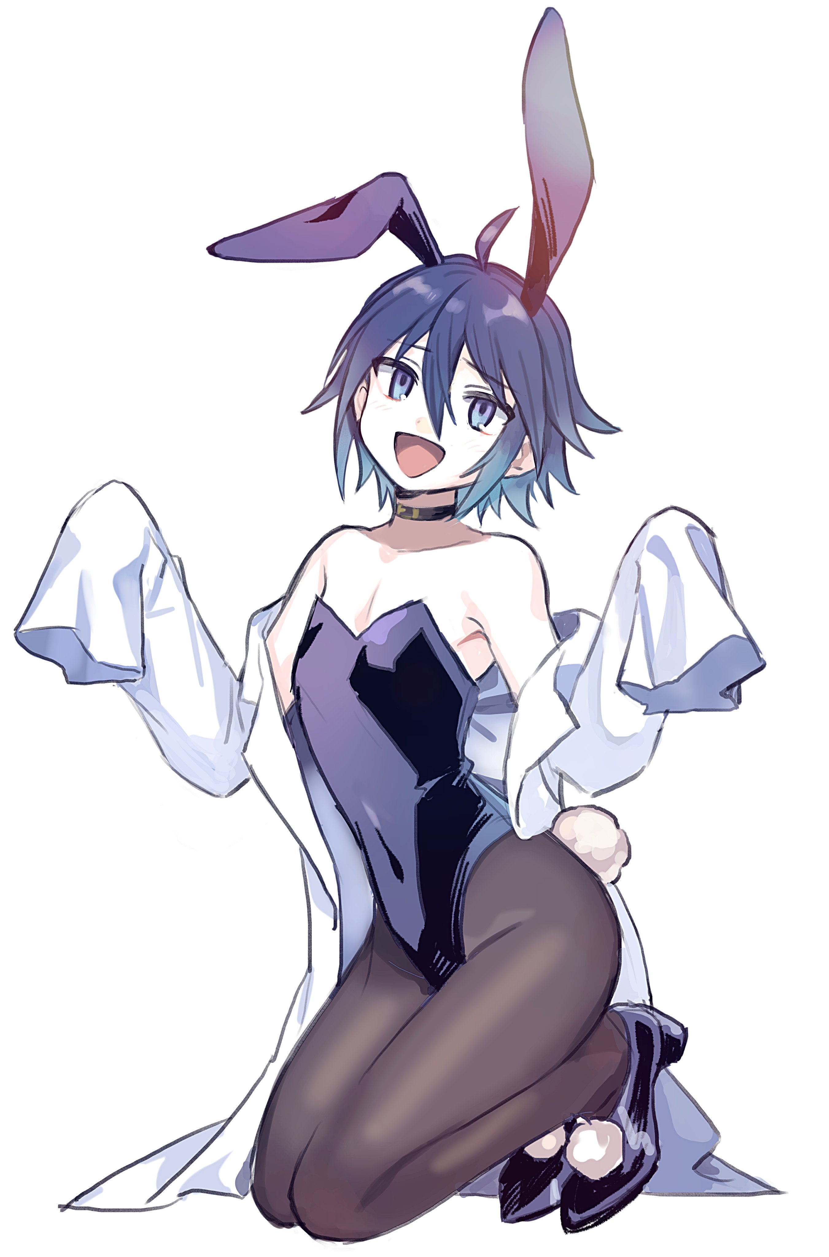 medu (rubish), absurdres, character request, copyright request, highres, 1boy, ahoge, animal ears, bare shoulders, black choker, black leotard, blue eyes, blue hair, choker, coat, covered navel, hair between eyes, hands up, high heels, highleg, highleg leotard, kneeling, lab coat, leotard, light blush, long sleeves, looking at viewer, off shoulder, open clothes, open coat, open mouth, pantyhose, pectoral cleavage, pectorals, playboy bunny, rabbit ears, rabbit tail, short hair, sleeves past fingers, sleeves past wrists, solo, strapless, strapless leotard, tail, trap, white background