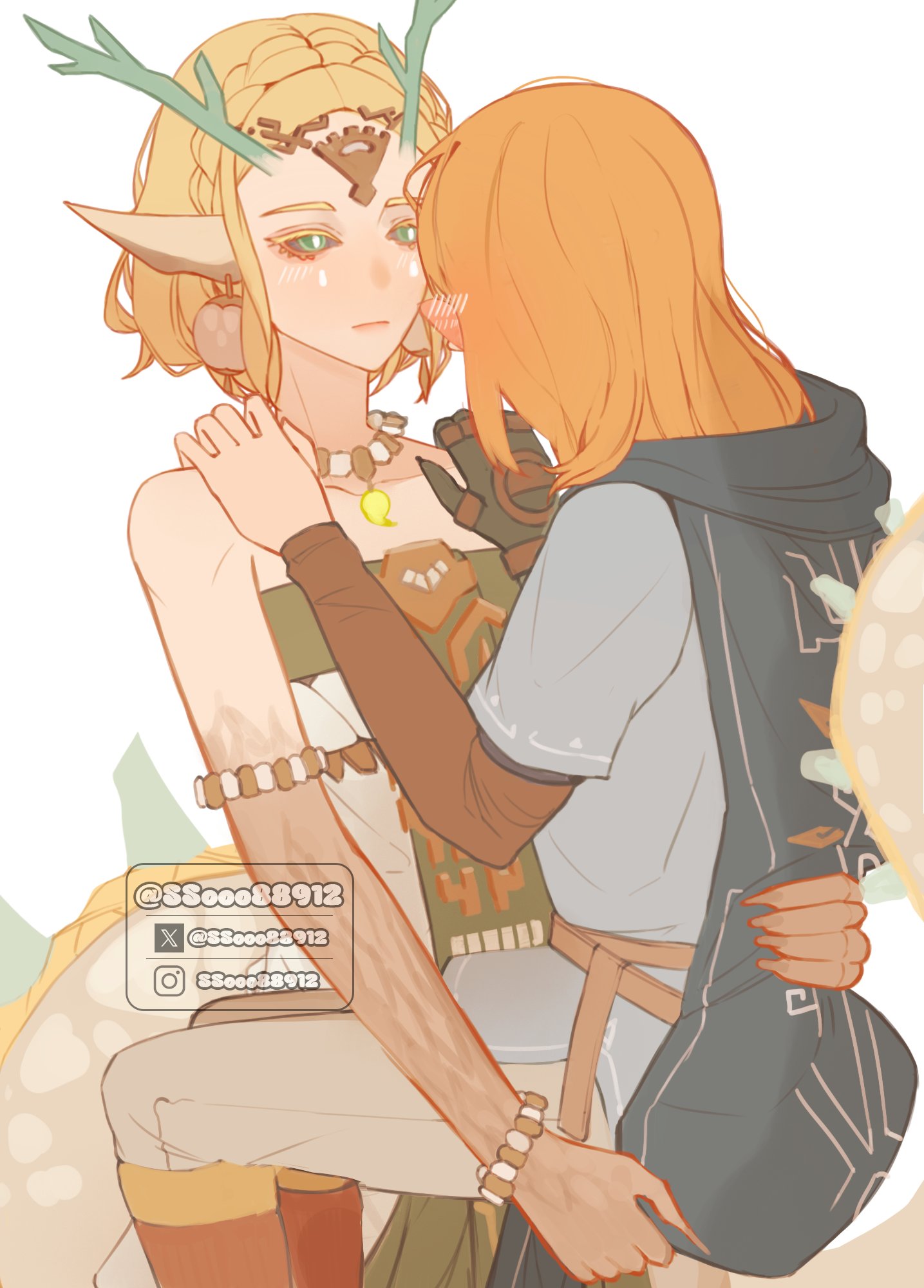 light dragon (zelda), link, princess zelda, nintendo, the legend of zelda, the legend of zelda: tears of the kingdom, commentary, english commentary, highres, 1boy, 1girl, animal ears, armlet, bare shoulders, black cloak, black sclera, blonde hair, blue tunic, blush, bracelet, champion's tunic (zelda), claws, cloak, colored sclera, couple, dragon ears, dragon girl, dragon horns, dragon tail, dress, ear blush, earrings, green eyes, grey pants, hands on another's shoulders, hetero, hood, hood down, hooded cloak, horns, instagram logo, instagram username, jewelry, medium hair, pants, pendant choker, secret stone, short hair, ssooo88912, strapless, strapless dress, tail, teardrop facial mark, time paradox, tunic, twitter username, twitter x logo, white background, white dress