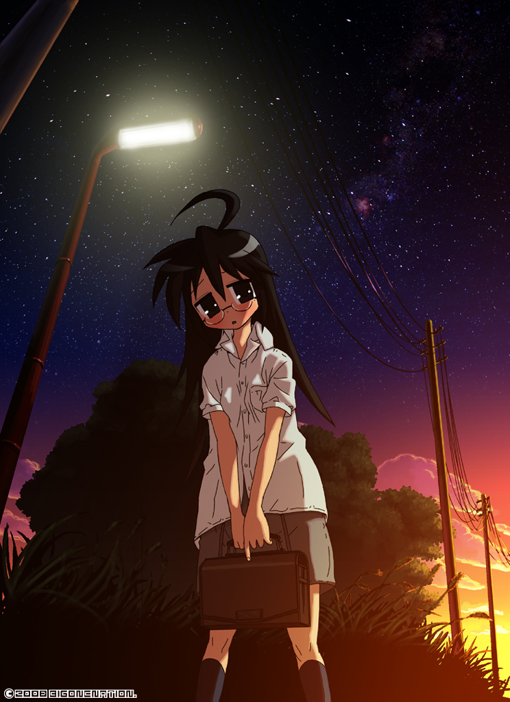 raichi (litchixlitchi), izumi konata, kurokona, kadokawa shoten, lucky star, 00s, 1girl, bag, black hair, blush, female focus, glasses, long hair, power lines, shirt, shorts, socks, solo, star (symbol), sunset