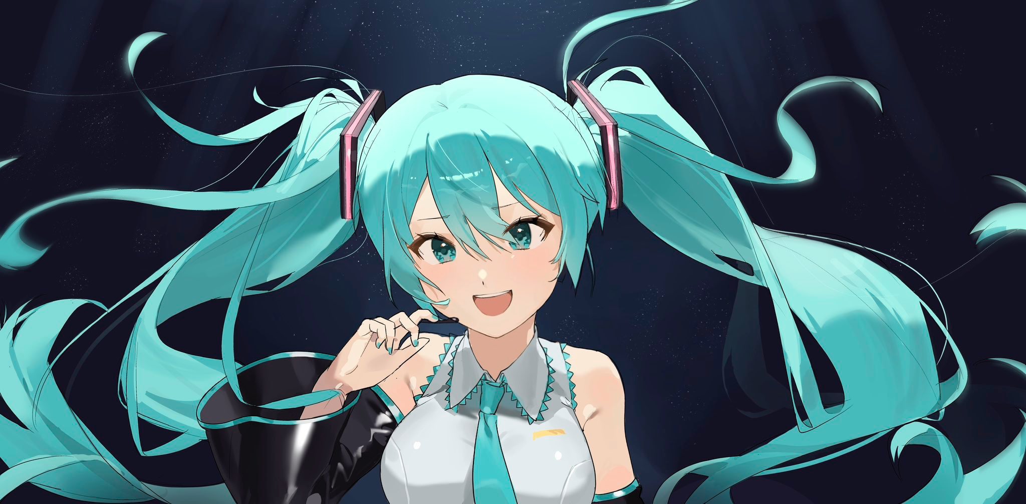 ototnmw1, hatsune miku, vocaloid, commentary request, highres, korean commentary, 1girl, :d, bare shoulders, black sleeves, blue background, blue eyes, blue hair, blue nails, blue necktie, breasts, detached sleeves, grey shirt, hair between eyes, hand up, large breasts, long hair, long sleeves, looking at viewer, nail polish, necktie, open mouth, portrait, shirt, sleeveless, sleeveless shirt, smile, solo, twintails