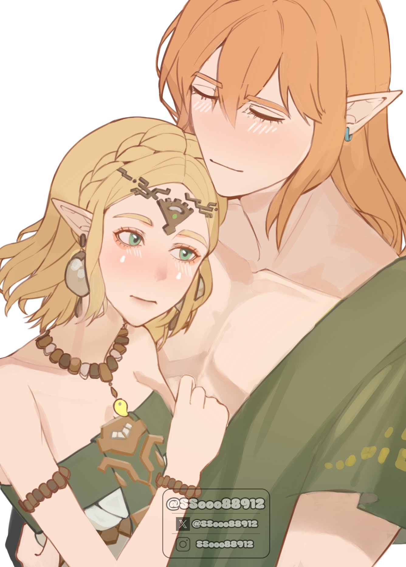 link, princess zelda, nintendo, the legend of zelda, the legend of zelda: tears of the kingdom, commentary, english commentary, highres, 1boy, 1girl, archaic set (zelda), armlet, blonde hair, blush, bracelet, braid, closed mouth, couple, crown braid, dress, earrings, green eyes, hair between eyes, hetero, jewelry, light smile, long hair, parted bangs, pectorals, pendant choker, pointy ears, secret stone, short hair, sidelocks, ssooo88912, strapless, strapless dress, teardrop facial mark, twitter username, upper body, white dress