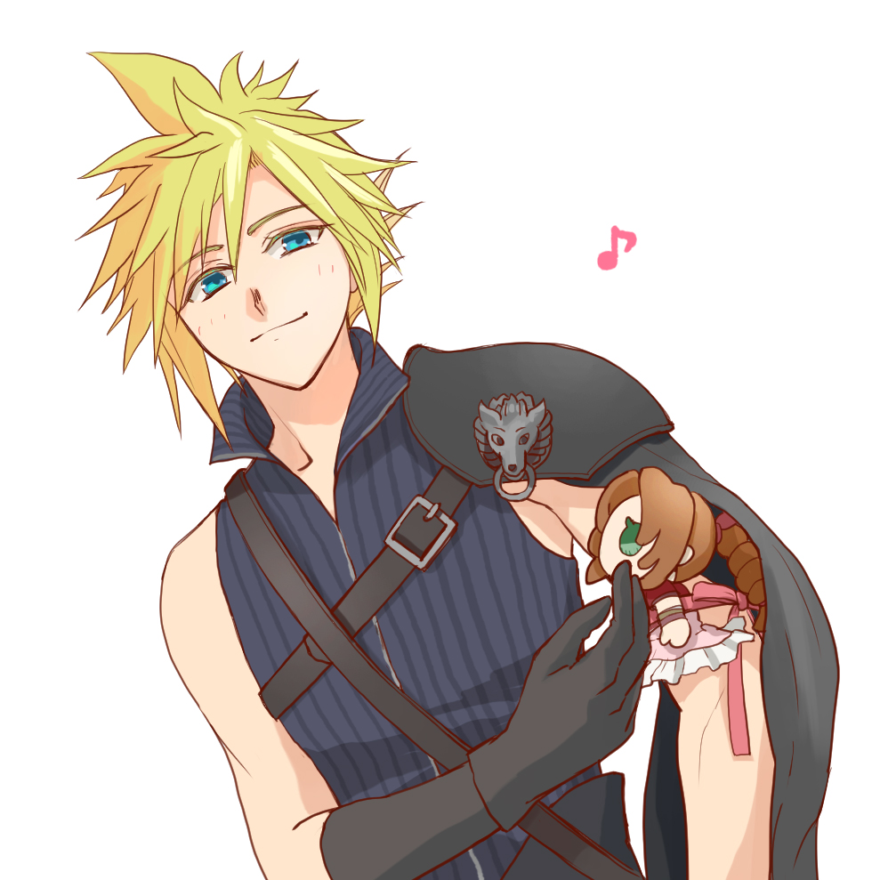 yahokichi ma, aerith gainsborough, cloud strife, fenrir (final fantasy), final fantasy, final fantasy vii, final fantasy vii advent children, 1boy, aqua eyes, arm ribbon, armor, black gloves, black sleeves, black vest, blonde hair, character doll, chest strap, doll, gloves, hair between eyes, light blush, musical note, pauldrons, pink ribbon, ribbon, shoulder armor, single bare shoulder, single pauldron, single sleeve, smile, spiked hair, vest, white background