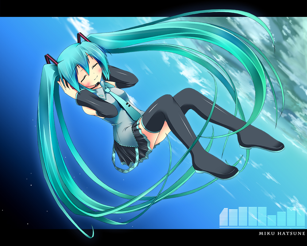 umitsubame, hatsune miku, vocaloid, 1girl, aqua hair, female focus, long hair, ribbon, skirt, solo, thighhighs, twintails