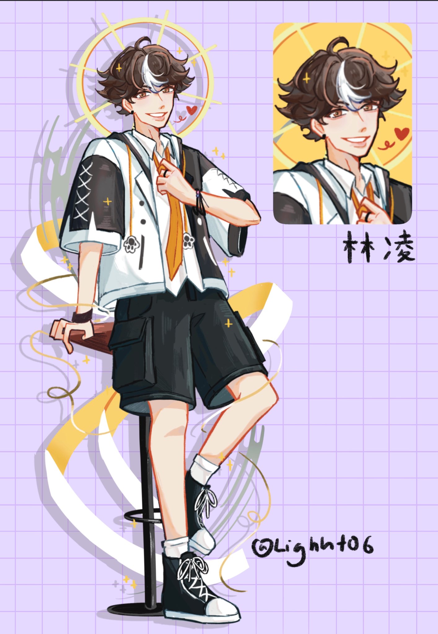 lin ling (to be hero x), to be hero, to be hero x, highres, 1boy, ahoge, black shorts, brown eyes, brown hair, full body, grin, halo, halo behind head, heart, jacket, knees up, leaning back, lighht06, looking at viewer, male focus, multicolored jacket, necktie, orange necktie, shirt, short hair, shorts, single hair streak, smile, solo, spiked halo, stool, two-tone jacket, white shirt, zoom layer