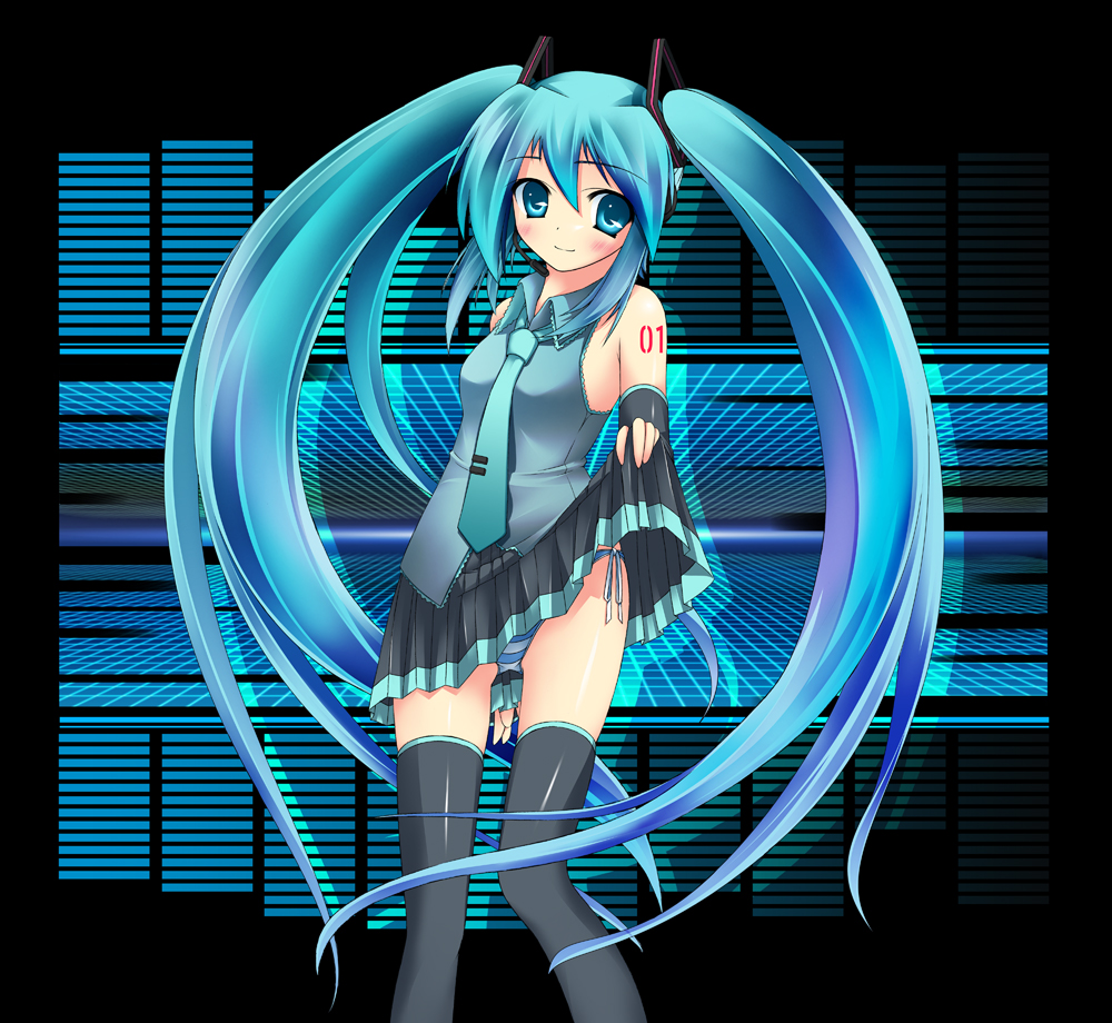 umitsubame, hatsune miku, vocaloid, 1girl, aqua hair, female focus, green panties, long hair, panties, ribbon, skirt, socks, solo, striped clothes, striped panties, thighhighs, twintails, underwear