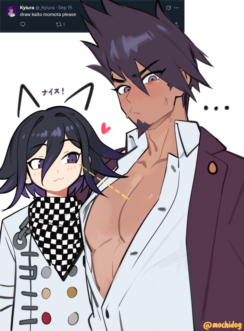 momota kaito, oma kokichi, danganronpa (series), danganronpa v3: killing harmony, commentary, english commentary, …, 2boys, :3, black hair, blush, buttons, checkered clothes, checkered scarf, english text, facial hair, flipped hair, goatee, hair between eyes, heart, jacket, jacket partially removed, long sleeves, looking at pectorals, looking at viewer, male focus, mochidog, multicolored buttons, multiple boys, open clothes, partially unbuttoned, pectoral cleavage, pectorals, purple eyes, purple facial hair, purple hair, scarf, screenshot inset, shirt, short hair, size difference, smile, spiked hair, sweat, twitter username, two-tone scarf, upper body, white background, white shirt, yaoi