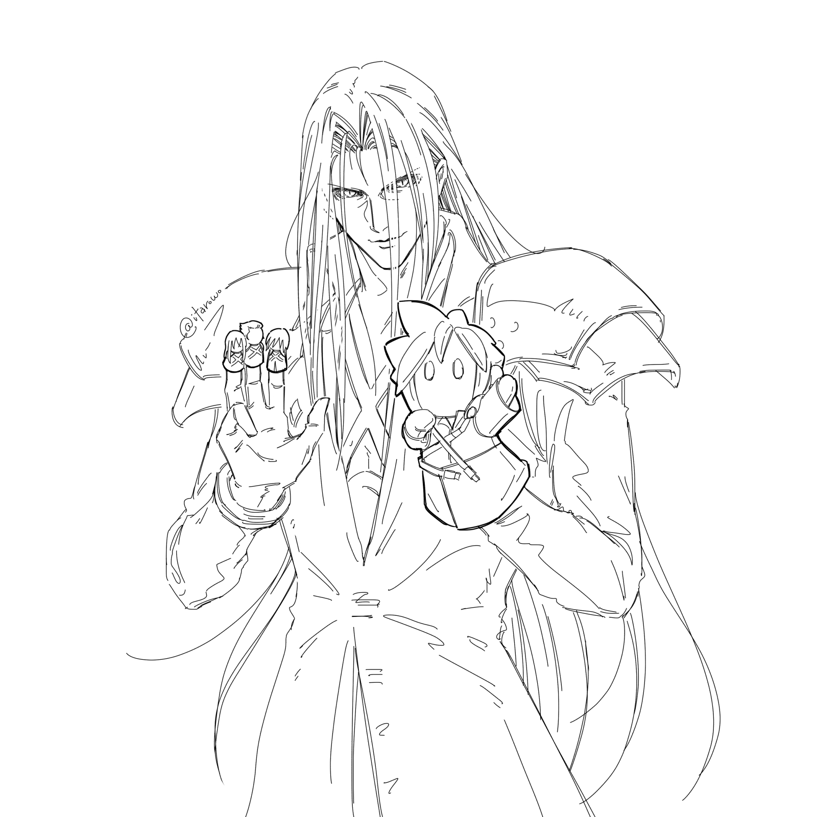cloud strife, kadaj, loz, sephiroth, yazoo, final fantasy, final fantasy vii, final fantasy vii advent children, highres, 1boy, armor, bangle, bracelet, chest sarashi, finger puppet, gloves, greyscale, hair between eyes, hand puppet, itarowo, jewelry, lineart, long bangs, long hair, male focus, monochrome, parted bangs, pauldrons, puppet, sarashi, shoulder armor, sketch, slit pupils, smile, solo, twitter username, very long hair, white background