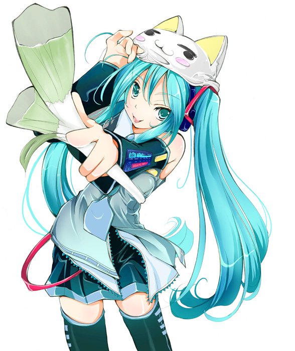 ushi niku, hatsune miku, vocaloid, bad id, bad pixiv id, 1girl, aqua hair, female focus, long hair, ribbon, skirt, solo, thighhighs, twintails
