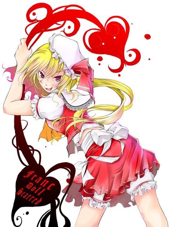 ushi niku, flandre scarlet, touhou, bad id, bad pixiv id, 1girl, blonde hair, blouse, english text, engrish text, female focus, hat, mob cap, ranguage, ribbon, shirt, short hair, solo, standing, white background, white hat, white shirt