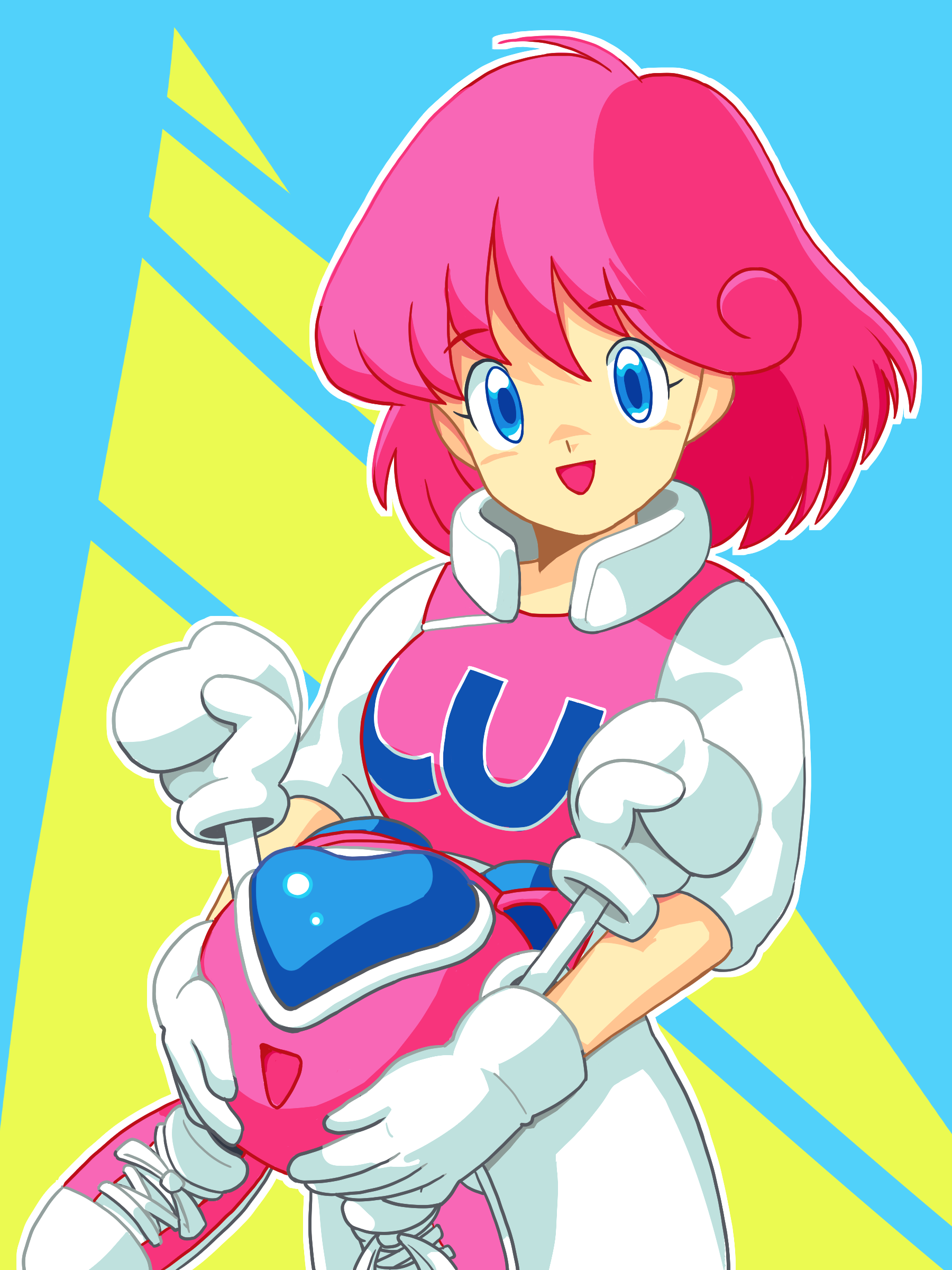 pixelflag, pastel (twinbee), winbee, twinbee, absurdres, commentary, highres, 1girl, arms up, blue background, blue eyes, breasts, clenched hands, clothes writing, collar, cowboy shot, green background, heart-shaped window, holding, looking at viewer, medium breasts, medium hair, open mouth, outline, pants, pink hair, pink shirt, pink shoes, shirt, shoes, short sleeves, smile, sneakers, swept bangs, white collar, white outline, white pants