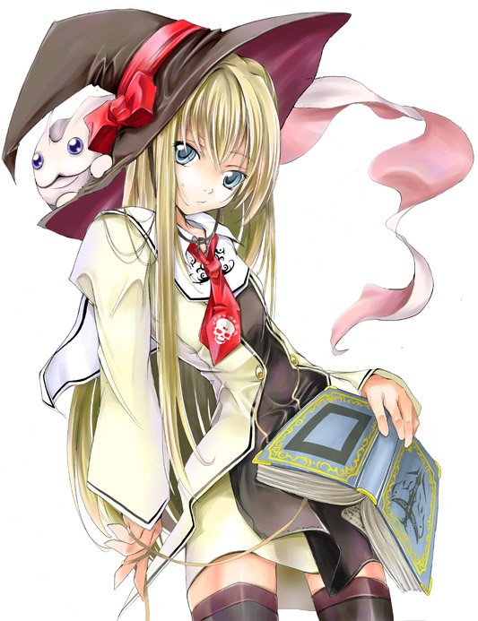 ushi niku, bad id, bad pixiv id, 1girl, blonde hair, book, bow, female focus, hat, hat bow, long hair, ribbon, solo, thighhighs, witch hat