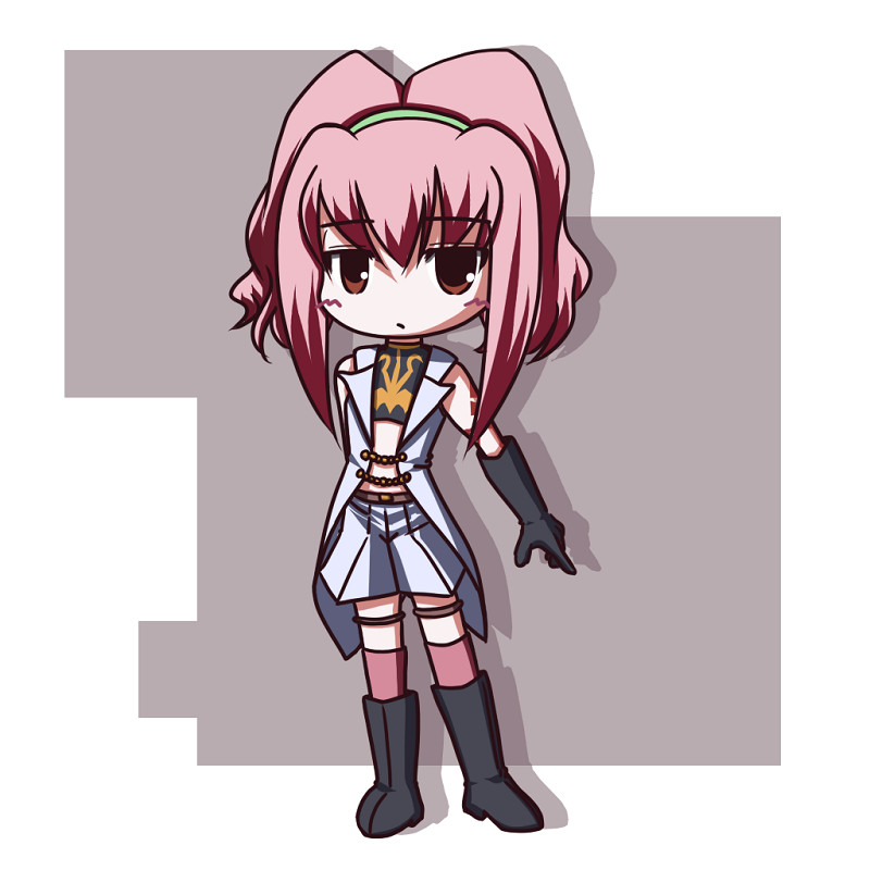 fictional sister, anya alstreim, code geass, 00s, 1girl, black gloves, blush, chibi, elbow gloves, expressionless, female focus, full body, gloves, jitome, looking at viewer, military, military uniform, ponytail, red eyes, sidelocks, solo, standing, thigh strap, thighhighs, zettai ryouiki