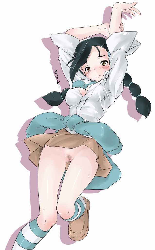 endou masatoshi, candice (pokemon), nintendo, pokemon, pokemon dppt, bad id, bad pixiv id, 00s, 1girl, black hair, blush, braid, breasts, cleavage, clothes around waist, female focus, female pubic hair, gym leader, kneehighs, long hair, loose socks, multi-tied hair, no panties, open clothes, open shirt, pleated skirt, pubic hair, pussy, shirt, simple background, skirt, socks, solo, striped clothes, striped socks, sweat, sweater, sweater around waist, thigh gap, twin braids, uncensored, upskirt, white background, yellow eyes