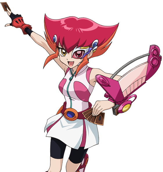 kouzuki anna, konami, yu-gi-oh!, yu-gi-oh! zexal, yuu-gi-ou, yuu-gi-ou zexal, highres, non-web source, official art, 1girl, bare arms, bare shoulders, belt, breasts, d-gazer, duel disk, fingerless gloves, gloves, looking at viewer, multicolored hair, open mouth, orange hair, pink-tinted eyewear, red hair, short hair, shorts, smile, solo, tinted eyewear, transparent background, two-tone hair, wide hips, yellow eyes
