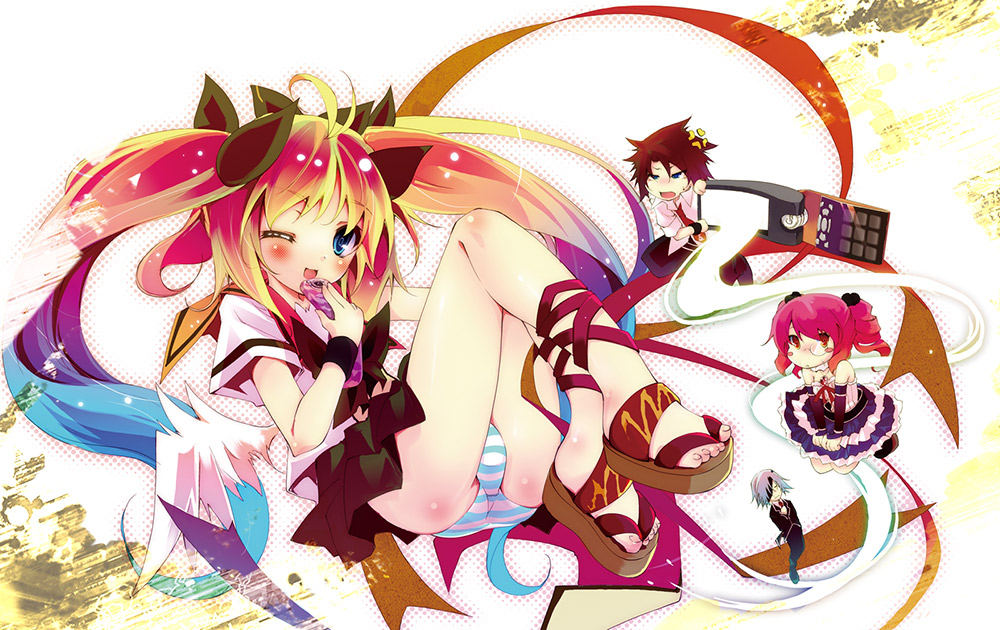 kamiya yuu, casio (greed packet unlimited), nokia, sony ericsson (greed packet unlimited), greed packet unlimited, silver hair, 1girl, 3boys, blue eyes, blue panties, blush, brown hair, bulge, casio, cellphone, crossdressing, drill hair, eyepatch, glasses, long hair, low wings, multicolored hair, multiple boys, necktie, one eye closed, open mouth, panties, pantyshot, phone, pink hair, red eyes, ribbon, sandals, short hair, skirt, smile, sony ericsson, striped clothes, striped panties, trap, twintails, underwear, upskirt, wings, wink, wristband