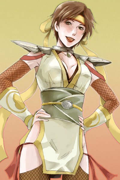 airi h, nene, nene (sengoku musou), sengoku musou, sengoku musou 2, bad id, bad pixiv id, 1girl, breasts, brown eyes, brown hair, brown thighhighs, choker, cleavage, collarbone, female focus, hands on own hips, headband, japanese clothes, jewelry, kimono, large breasts, looking at viewer, obi, pendant, sash, solo, thigh strap, thighhighs