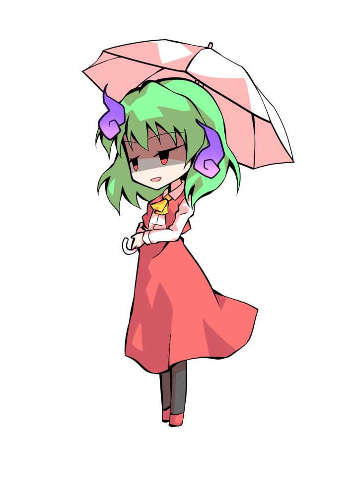 dairi, kazami yuuka, touhou, commentary request, large variant set, variant set, 1girl, ascot, chibi, chibi only, collared shirt, full body, green hair, hair between eyes, holding, holding umbrella, long skirt, long sleeves, medium hair, red skirt, red vest, shirt, skirt, solo, tachi-e, transparent background, umbrella, vest, white shirt, white umbrella, yellow ascot