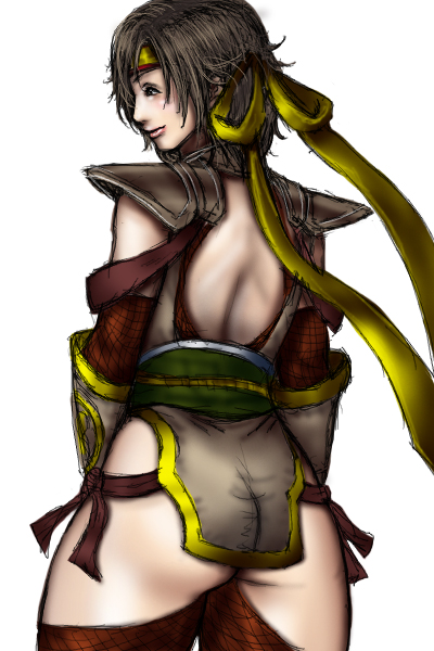 nix (ak-style), nene, nene (sengoku musou), sengoku musou, sengoku musou 2, bad id, bad pixiv id, 1girl, ass, back, brown hair, female focus, hair ribbon, ribbon, simple background, solo